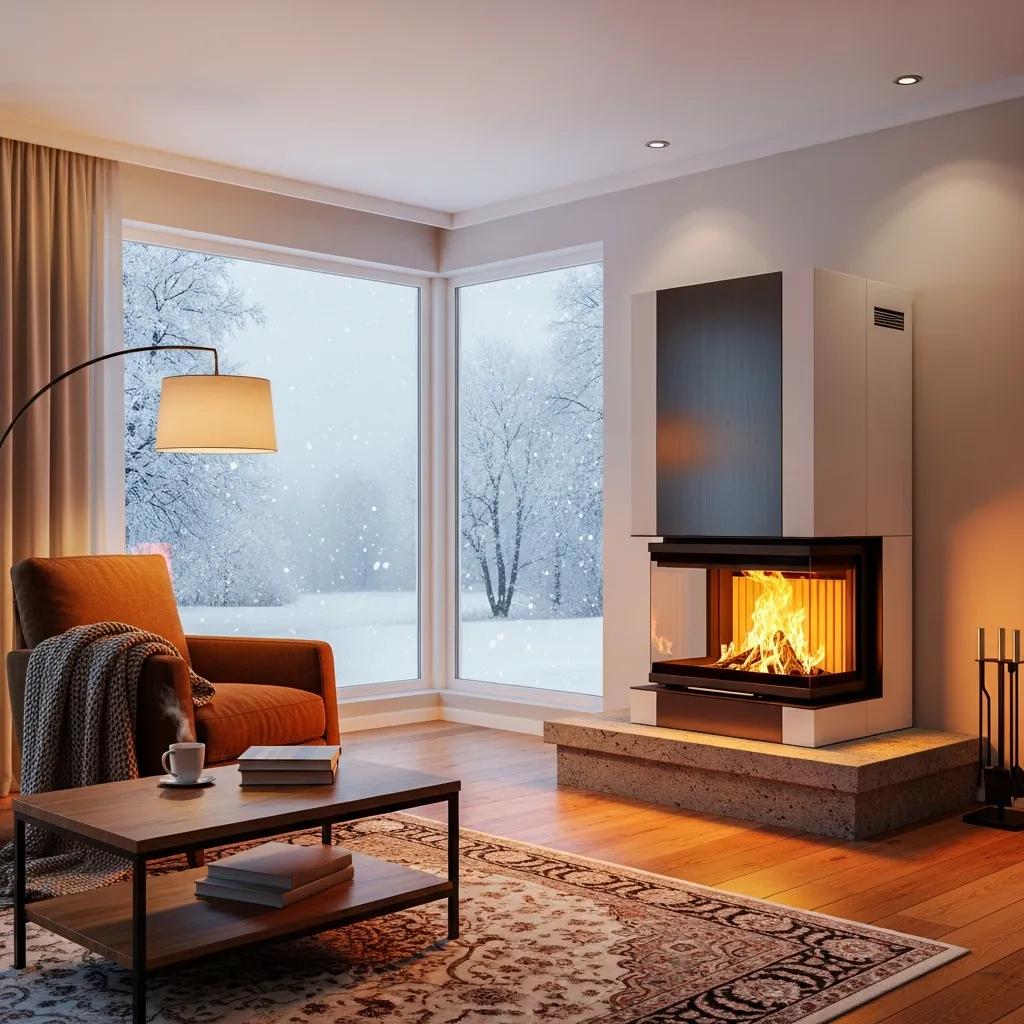 Modern furnace in cozy living room with winter scenery, emphasizing heating efficiency and home comfort.