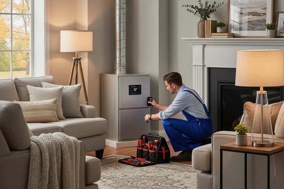 Technician inspecting modern furnace in cozy living room, ensuring optimal heating and energy efficiency for homeowners.