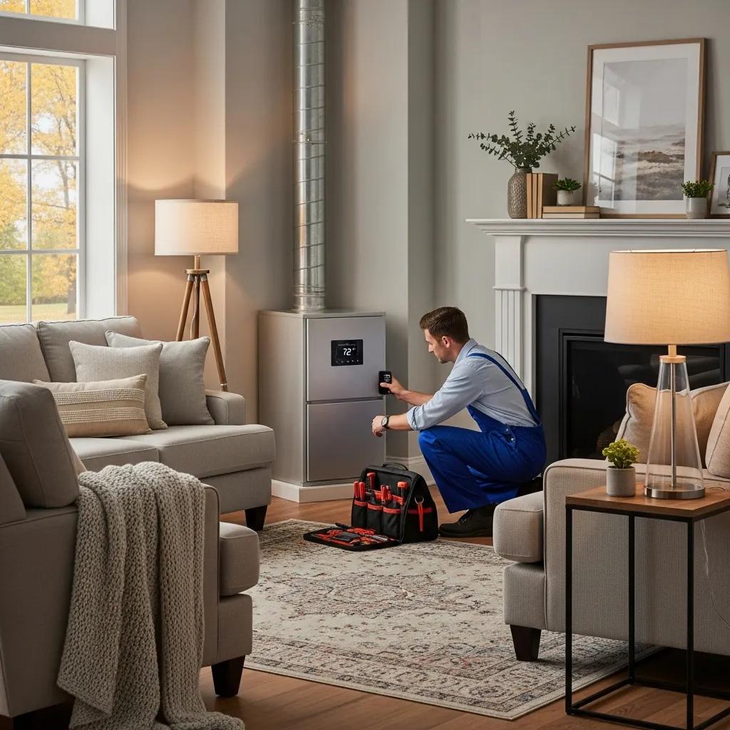 Technician inspecting modern furnace in cozy living room, with HVAC tools and comfortable seating, highlighting furnace installation in 2026.