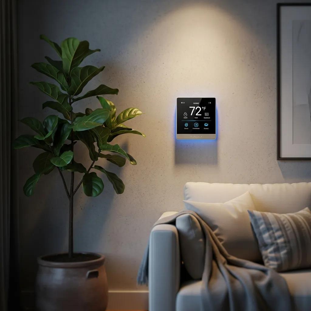 Modern smart thermostat in a stylish living room, showcasing energy-efficient home technology