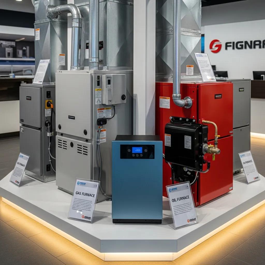 Showroom display of various furnace models, including gas, electric, and oil types, with informational signage highlighting features and specifications, relevant to 2026 HVAC installation costs.