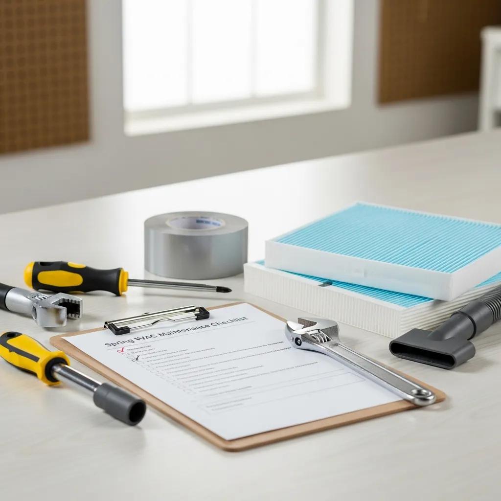 Spring HVAC maintenance checklist with tools, including air filters, screwdrivers, a wrench, and duct tape, on a bright workspace table.
