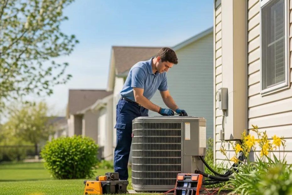 Technician performing a spring AC tune-up in a sunny backyard, highlighting HVAC maintenance