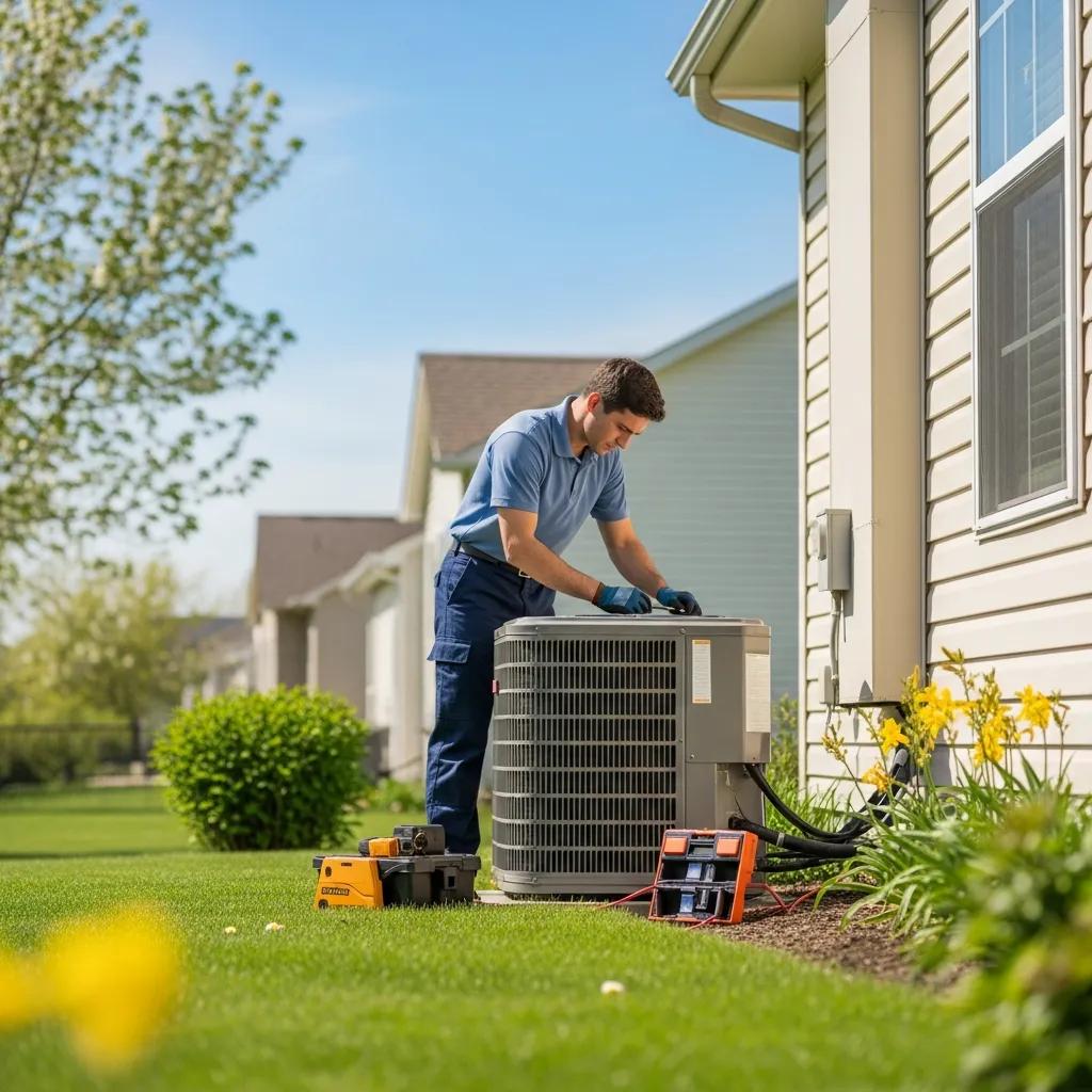 Technician performing a spring AC tune-up in a sunny backyard, highlighting HVAC maintenance