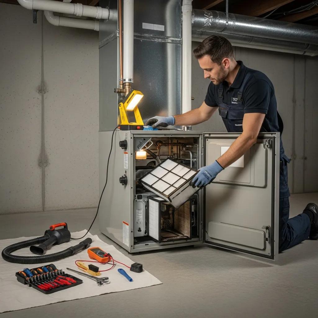 Technician performing maintenance on a furnace, replacing air filter, with tools and equipment for HVAC upkeep in a basement setting.