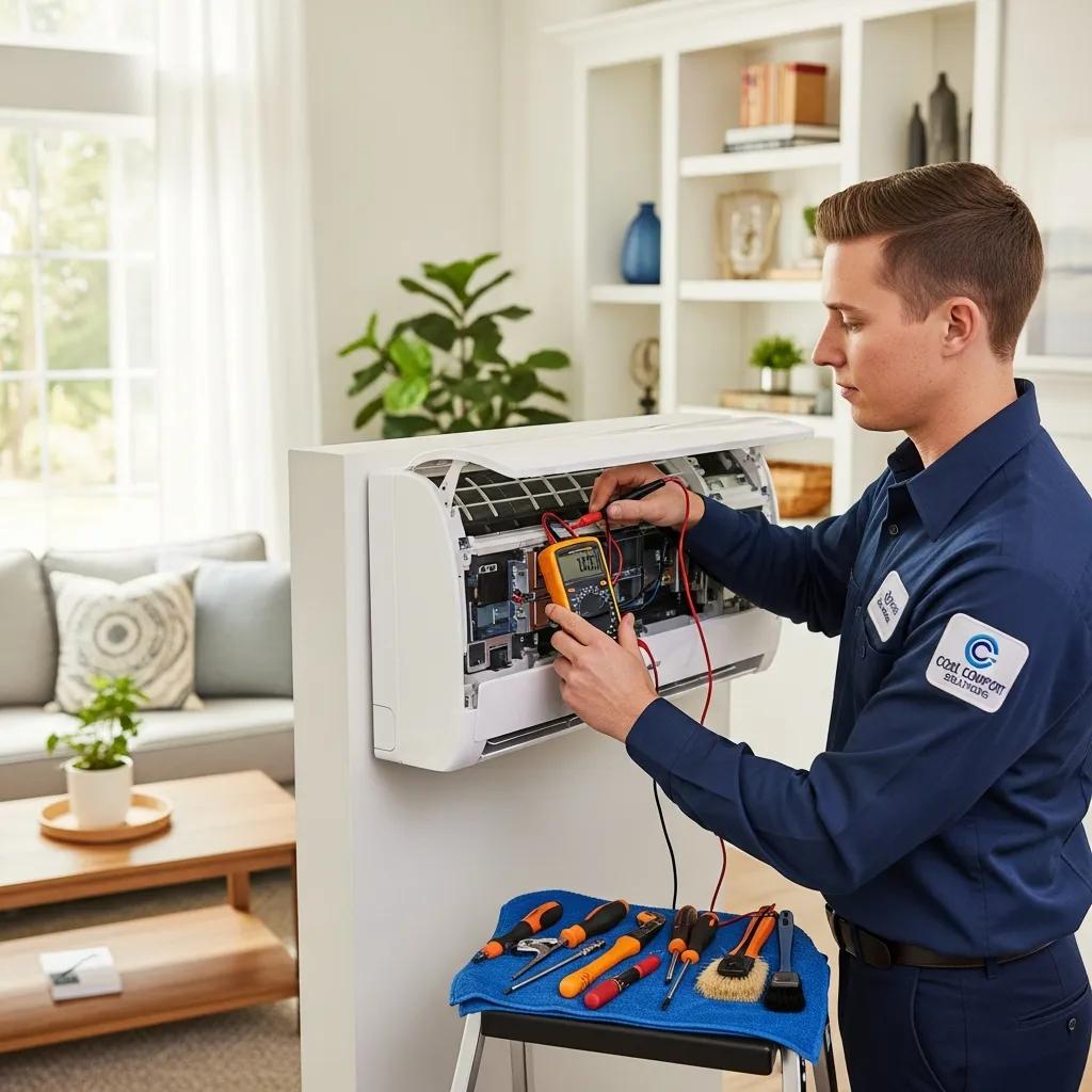 Technician performing maintenance on an air conditioning unit in a bright home environment