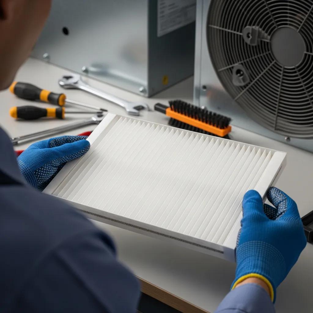 Close-up of a clean air filter held by a technician, highlighting HVAC maintenance benefits