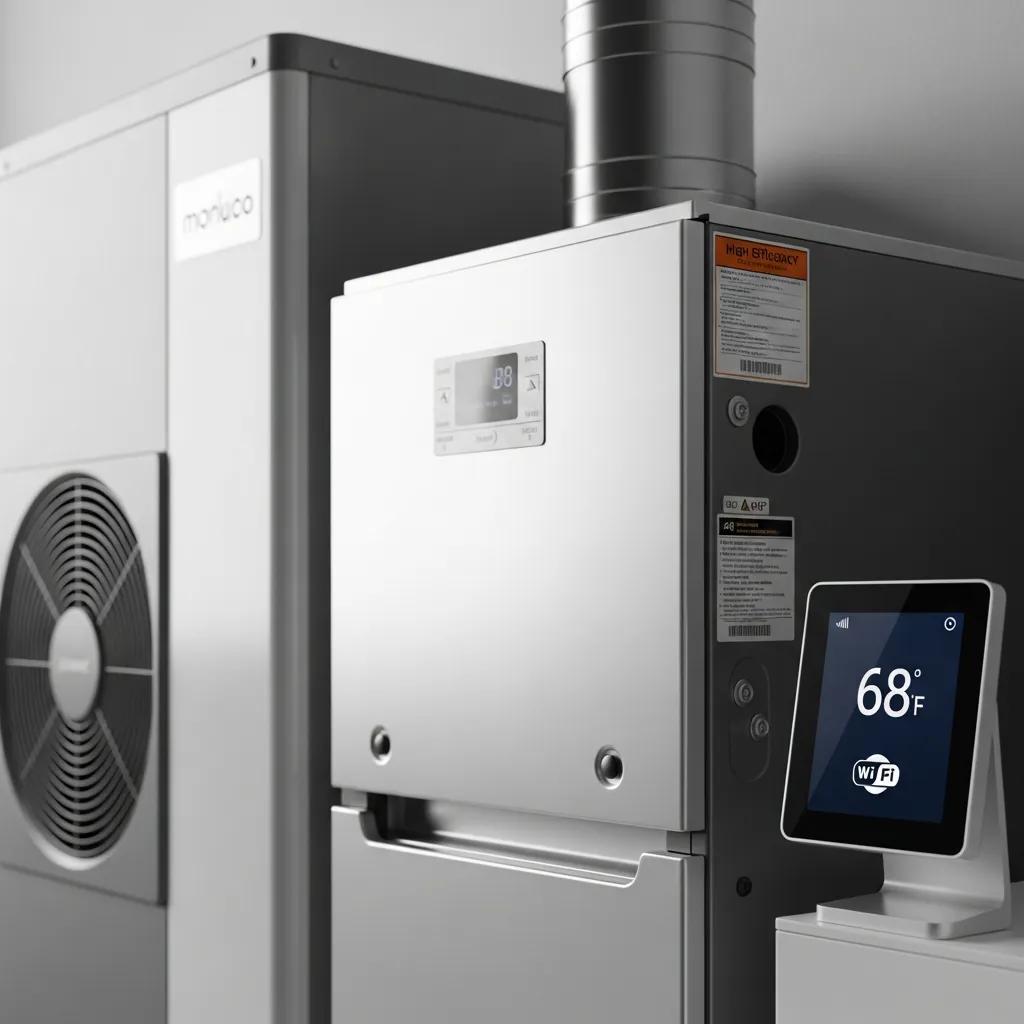 Close-up of high-efficiency furnace, heat pump, and smart thermostat representing energy-efficient HVAC systems