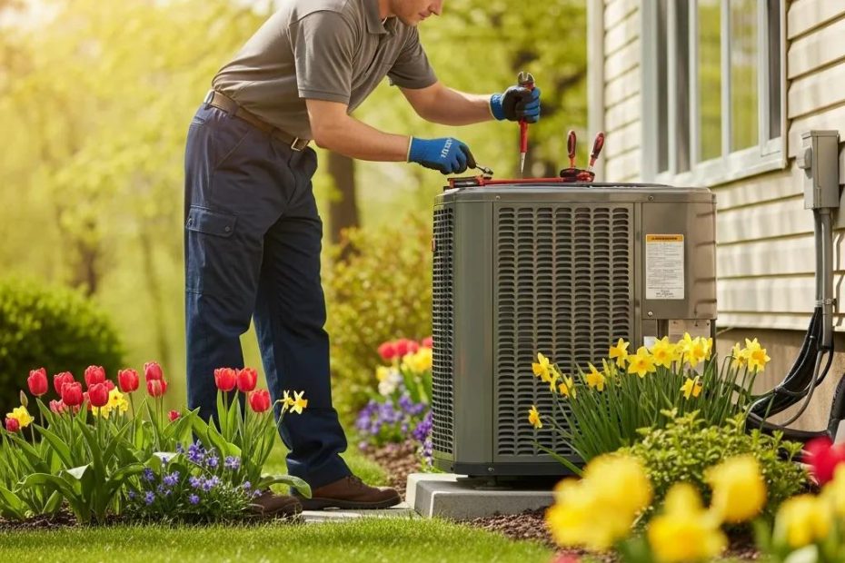 Technician performing HVAC maintenance on an air conditioning unit in a spring setting