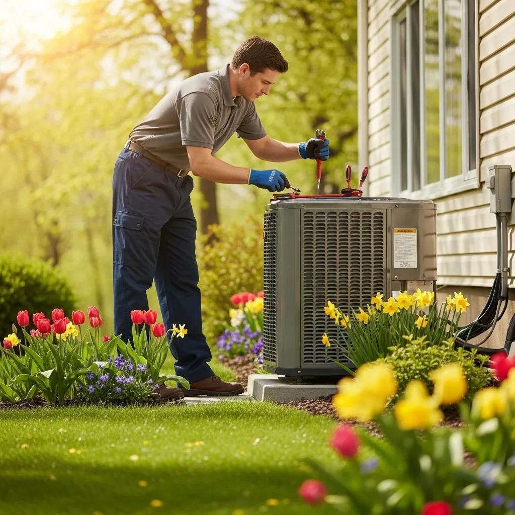 Technician performing HVAC maintenance on an air conditioning unit in a spring setting