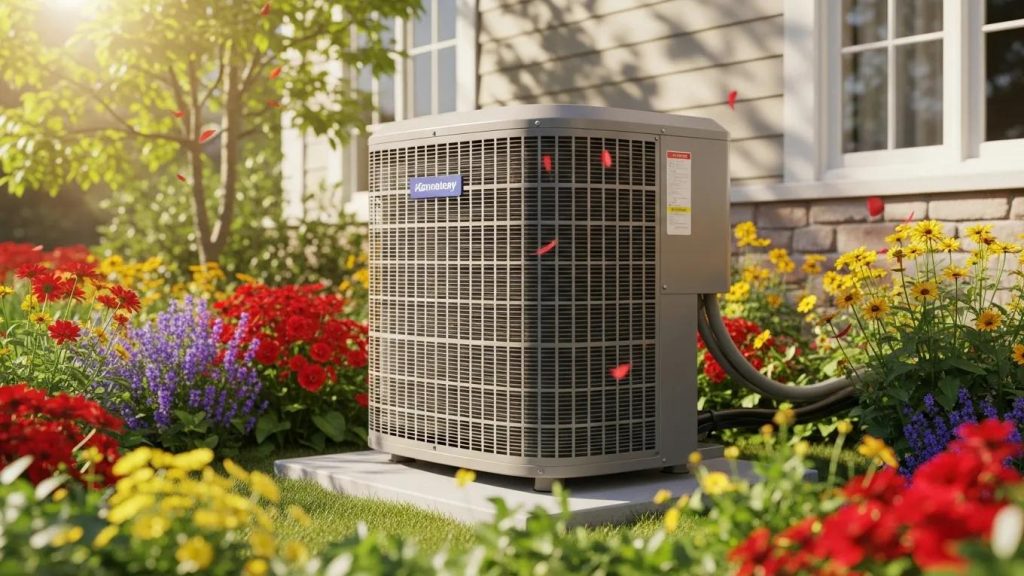Air conditioning unit in a vibrant garden, representing spring and summer preparation