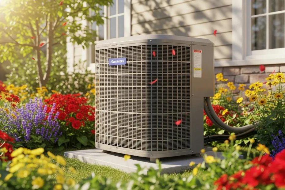 Air conditioning unit in a vibrant garden, representing spring and summer preparation