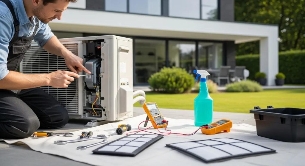 Air conditioning unit maintenance in a modern home, highlighting DIY repair techniques