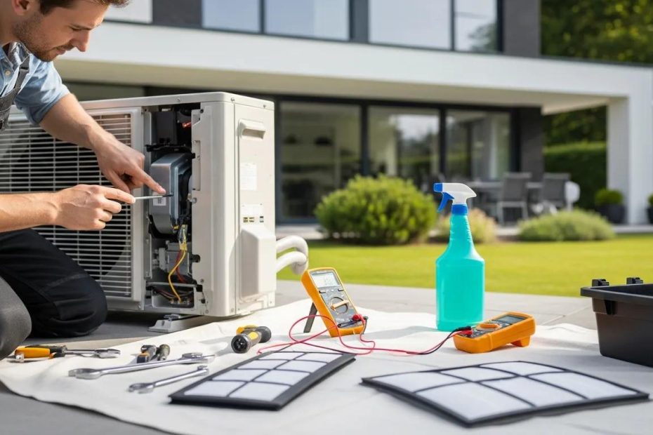 Air conditioning unit maintenance in a modern home, highlighting DIY repair techniques
