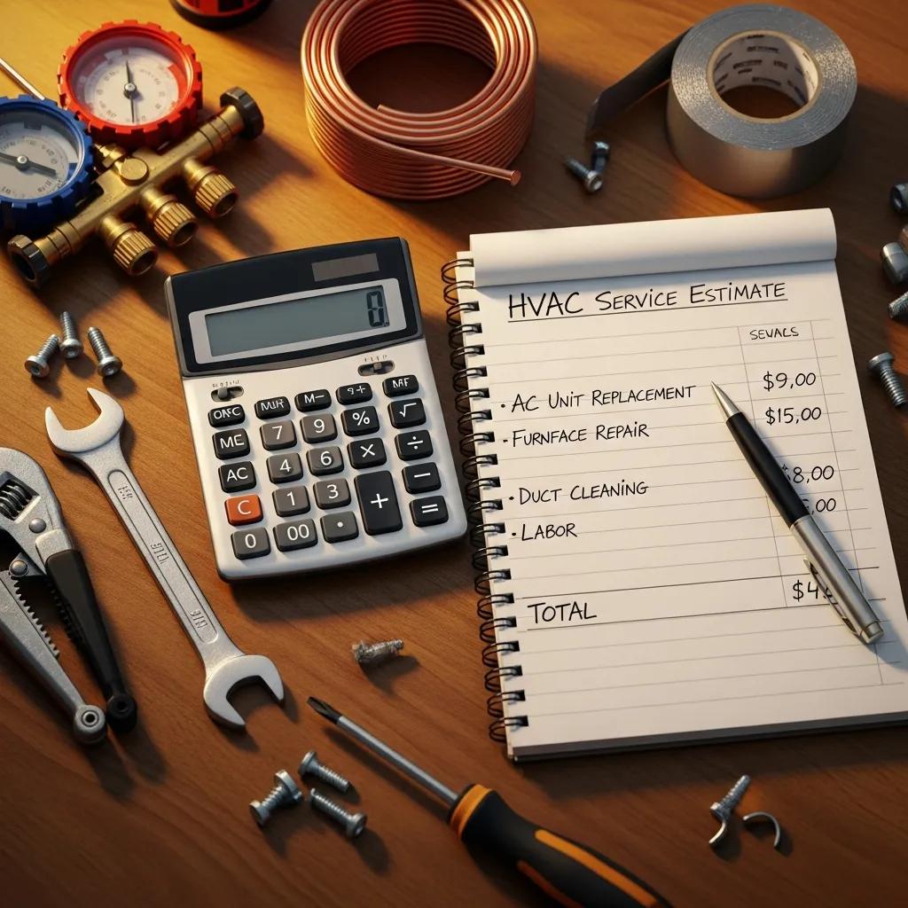 Calculator and notepad showing HVAC service cost estimates