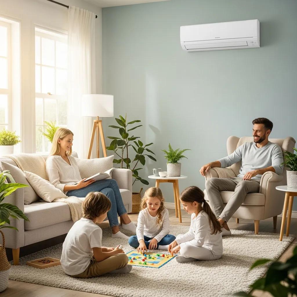 Family enjoying a comfortable living room with an air conditioning unit in the background