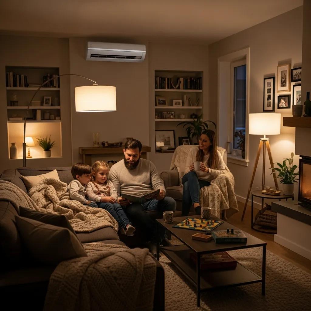 Family enjoying comfort in a cozy living room with HVAC unit, illustrating benefits of seasonal maintenance