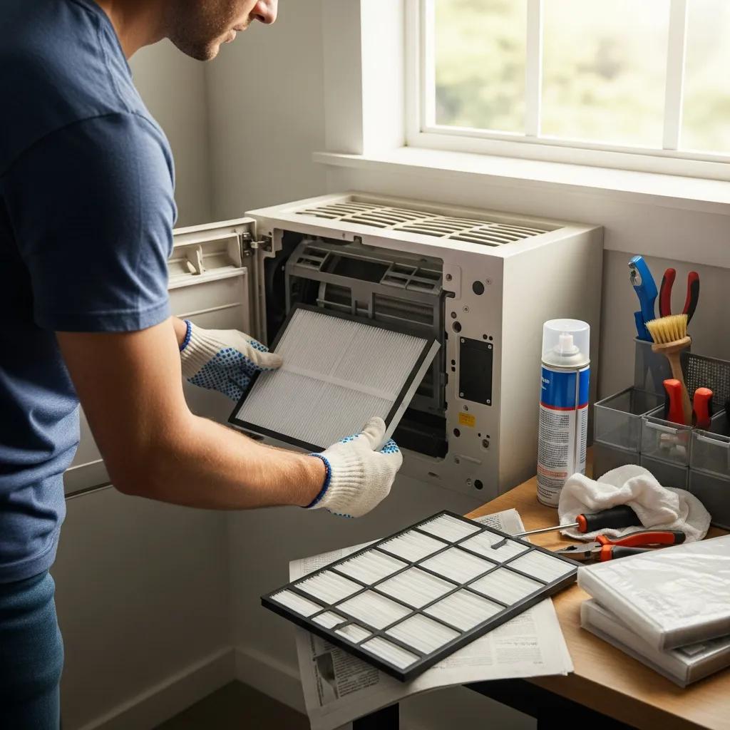Homeowner cleaning air filter in an air conditioning unit, illustrating essential DIY maintenance steps