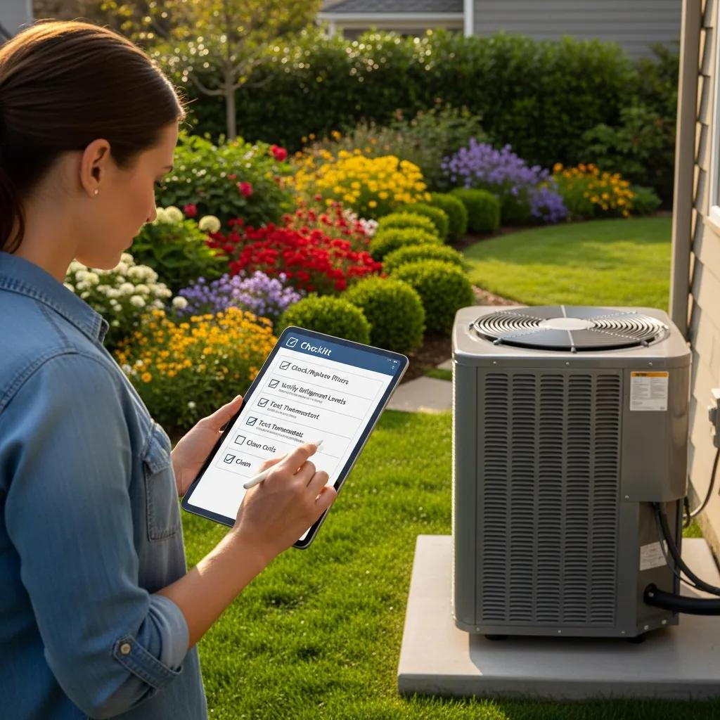Homeowner reviewing an HVAC inspection checklist beside the unit