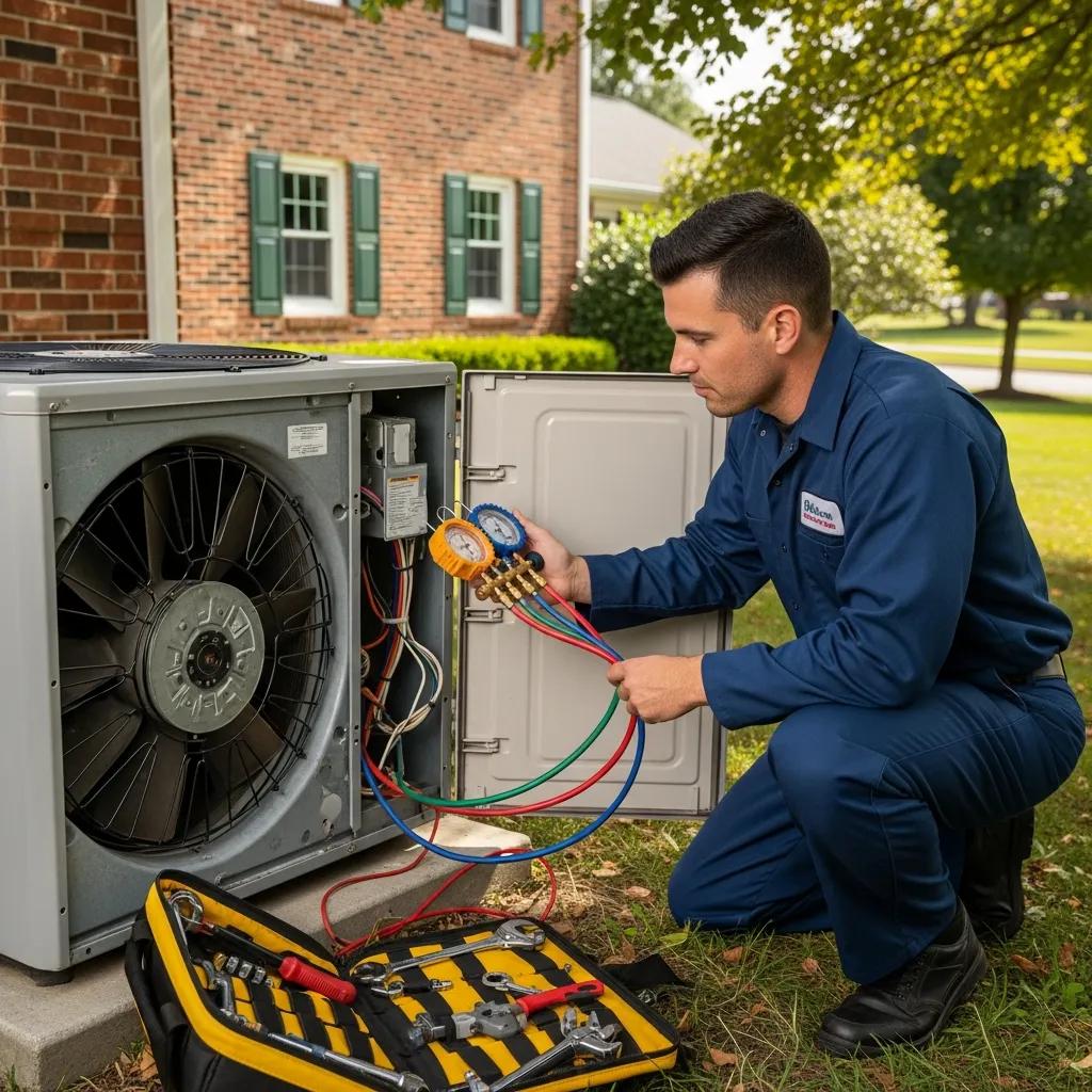 HVAC technician inspecting air conditioning unit, emphasizing the need for professional maintenance assistance