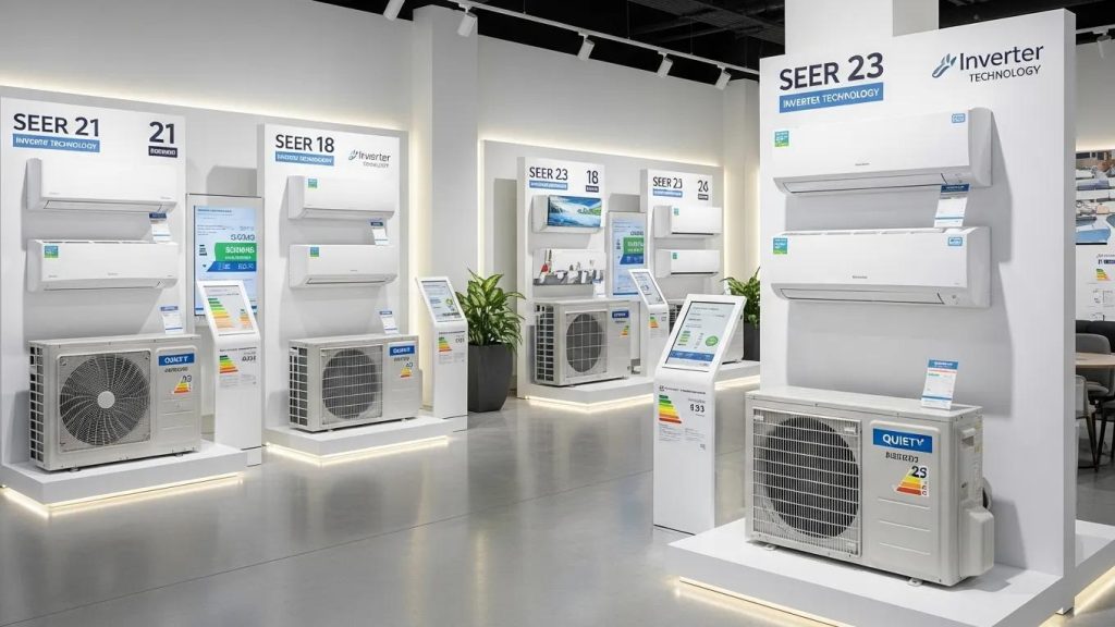 Showroom display of energy-efficient air conditioning units with SEER ratings