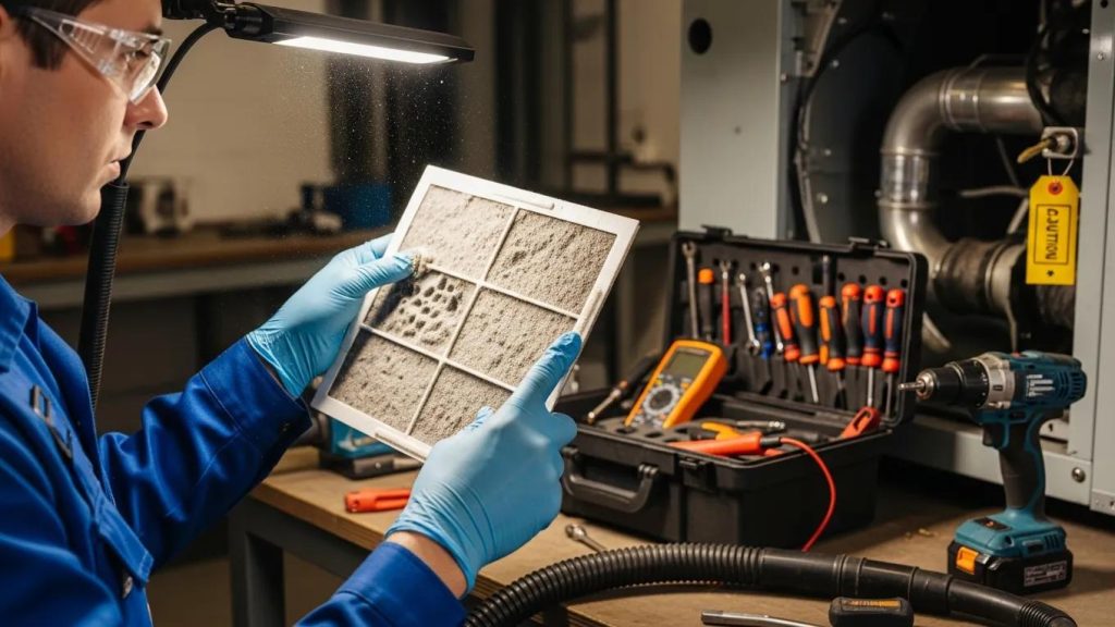 Technician cleaning air conditioning filter, highlighting essential maintenance tips
