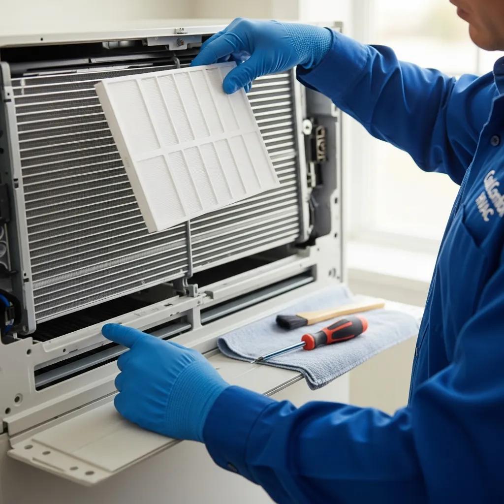 Technician inspecting air conditioning unit during a comprehensive spring tune-up