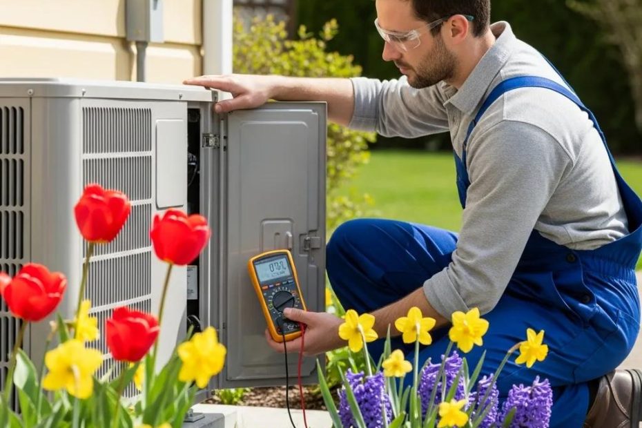 Technician inspecting HVAC system outdoors in spring, emphasizing maintenance and care