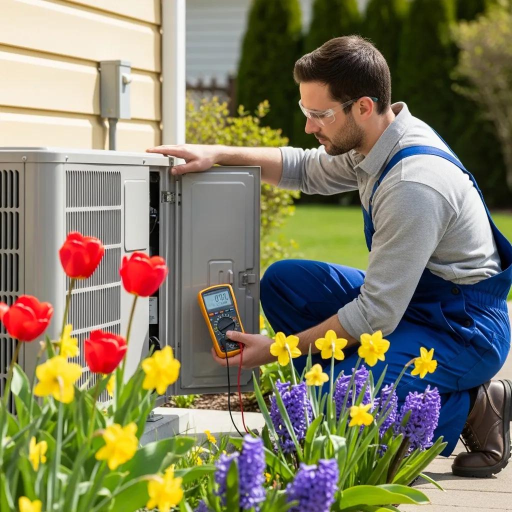 Technician inspecting HVAC system outdoors in spring, emphasizing maintenance and care