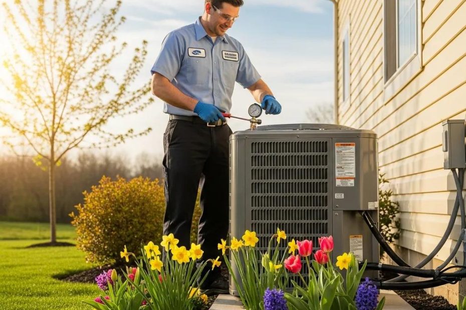 Technician performing HVAC maintenance outdoors in spring