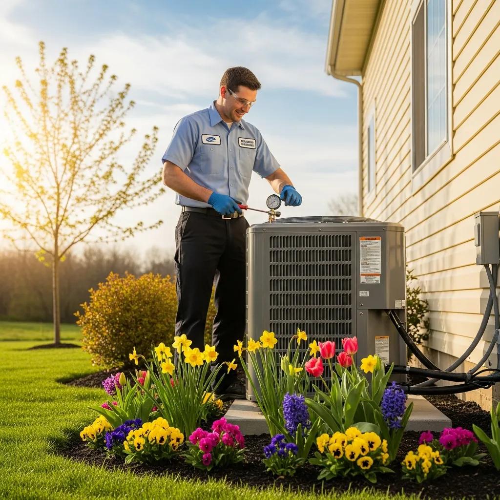 Technician performing HVAC maintenance outdoors in spring