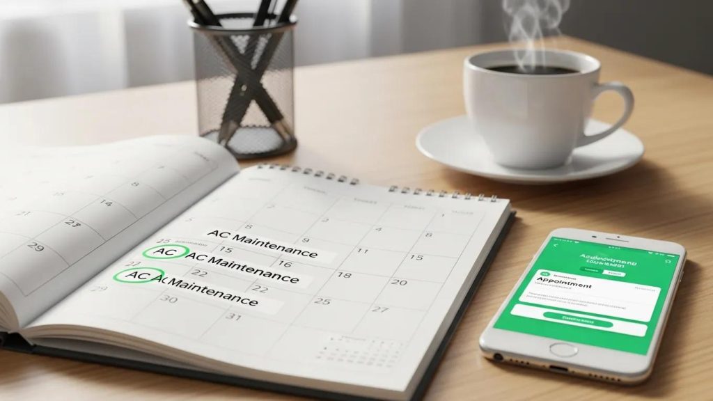 Calendar and smartphone displaying scheduling options for AC maintenance appointments