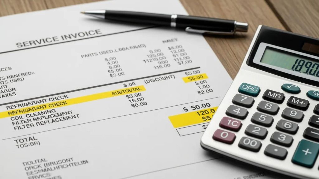 Close-up of an AC service invoice highlighting costs and services for maintenance