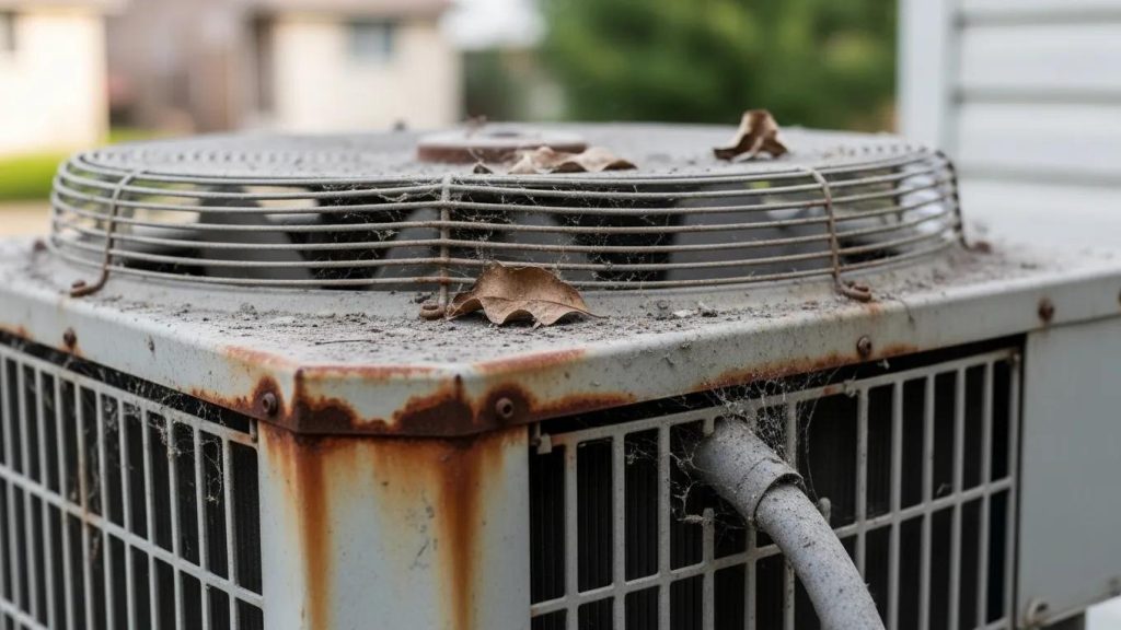 Close-up of an HVAC system showing signs of wear and the need for repair