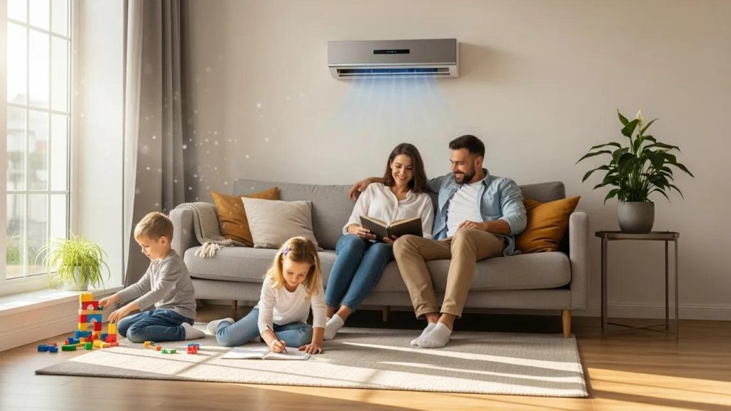 Family enjoying comfort in a living room with a modern HVAC system