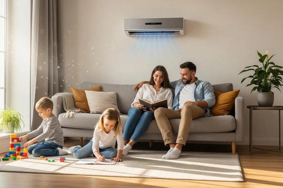 Family enjoying comfort in a living room with a modern HVAC system