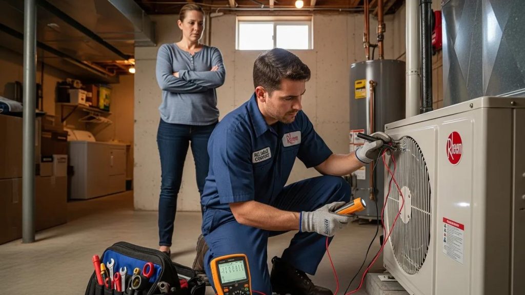 HVAC technician diagnosing a heating and cooling system in a home, emphasizing emergency HVAC repair NW Indiana