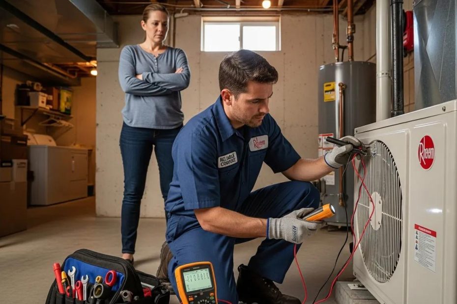 HVAC technician diagnosing a heating and cooling system in a home, emphasizing emergency HVAC repair NW Indiana