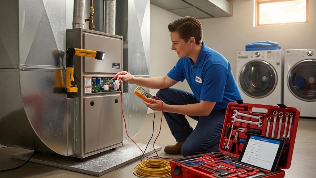 HVAC technician inspecting a home heating and cooling system, highlighting maintenance importance