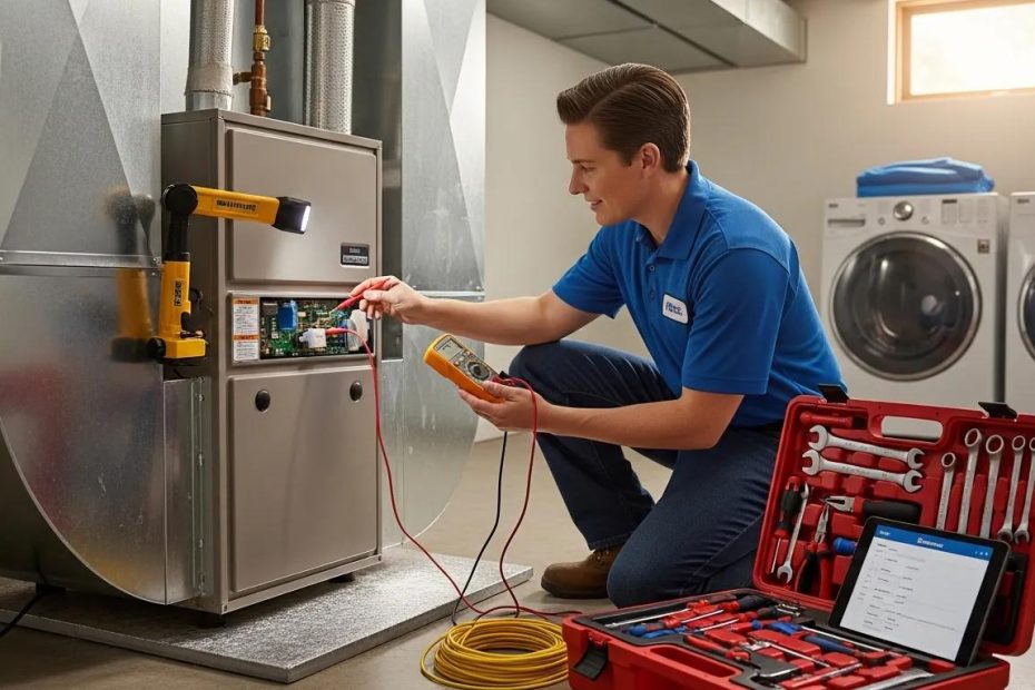 HVAC technician inspecting a home heating and cooling system, highlighting maintenance importance