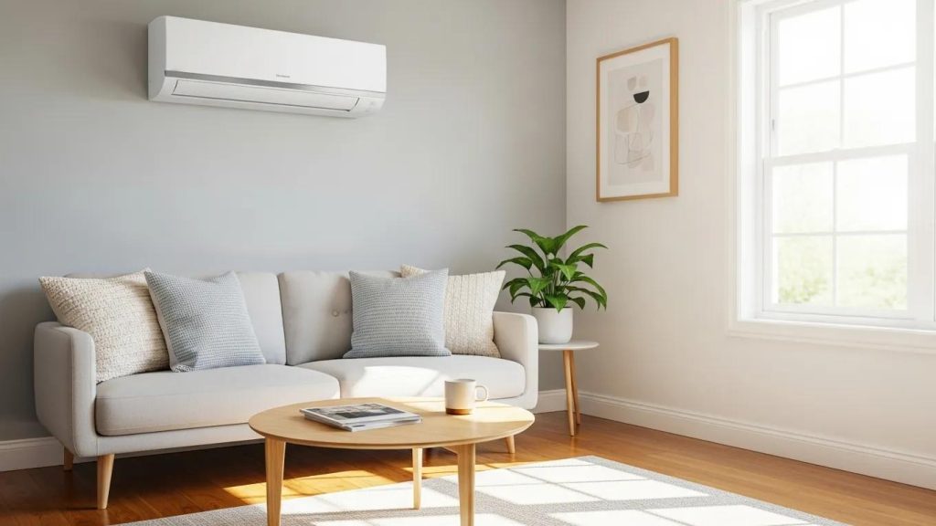 Modern air conditioning unit in a bright living room, symbolizing summer readiness