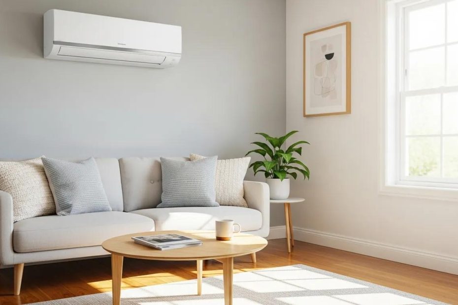 Modern air conditioning unit in a bright living room, symbolizing summer readiness