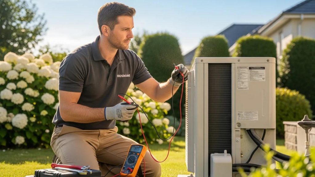 Technician checking an outdoor air conditioning unit during routine maintenance