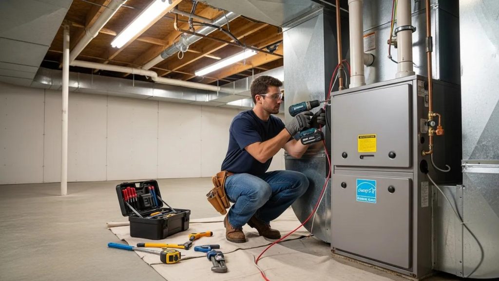 Technician installing a high-efficiency furnace inside a home