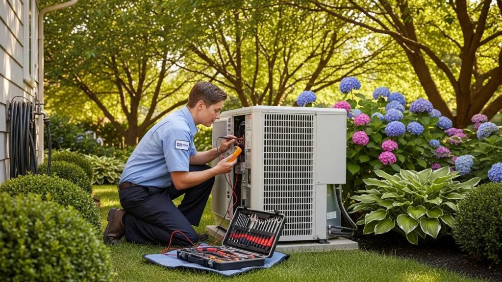 Technician performing an air conditioning tune-up outdoors in a residential garden