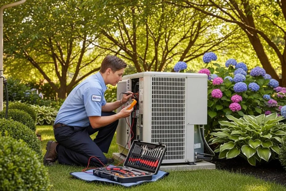 Technician performing an air conditioning tune-up outdoors in a residential garden