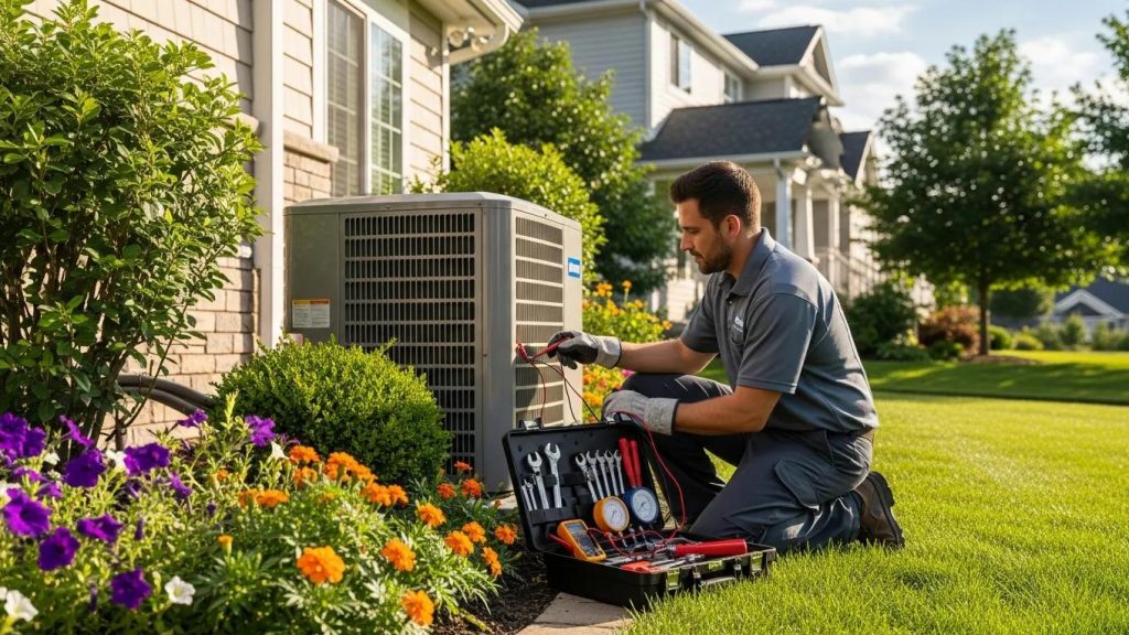 Technician performing routine maintenance on an outdoor air conditioning unit