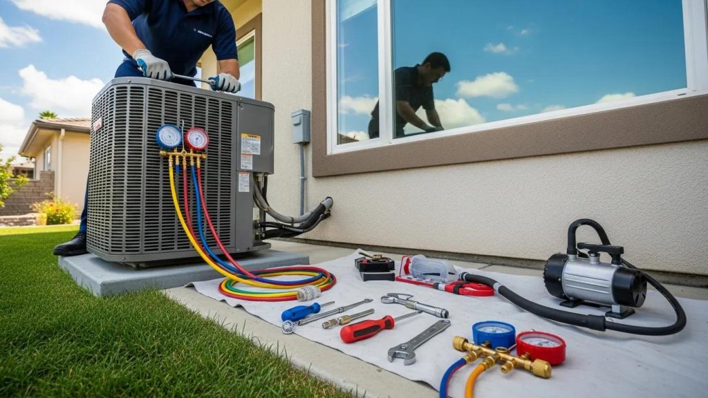 Technician repairing an air conditioning unit in a sunny residential setting