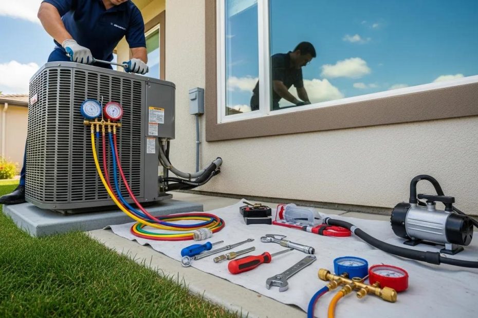 Technician repairing an air conditioning unit in a sunny residential setting