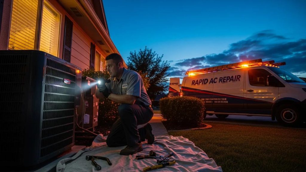 Technician responding to an evening emergency AC repair call